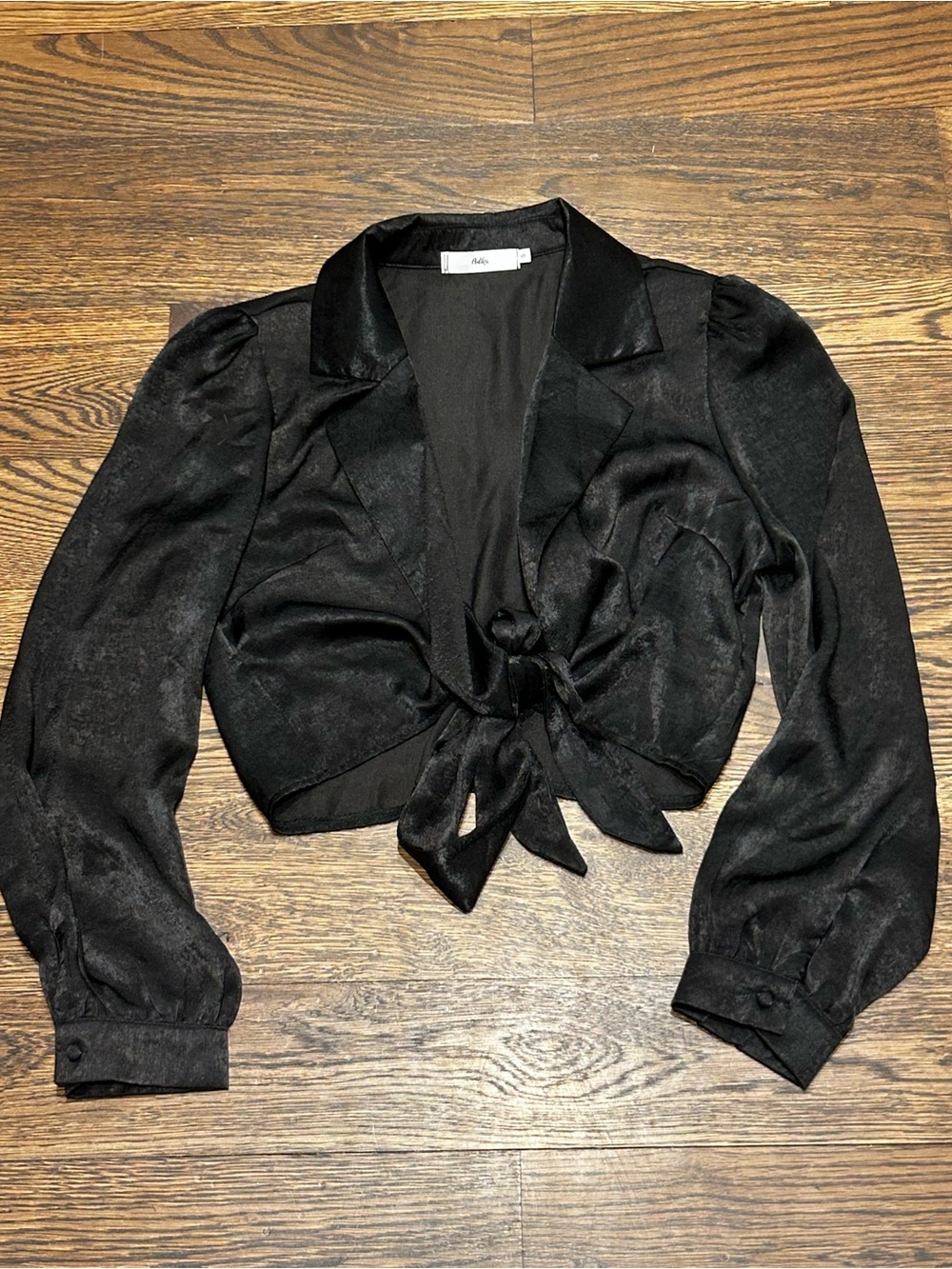 Adika Black Tuxedo Satin Tie-Front Crop Blouse